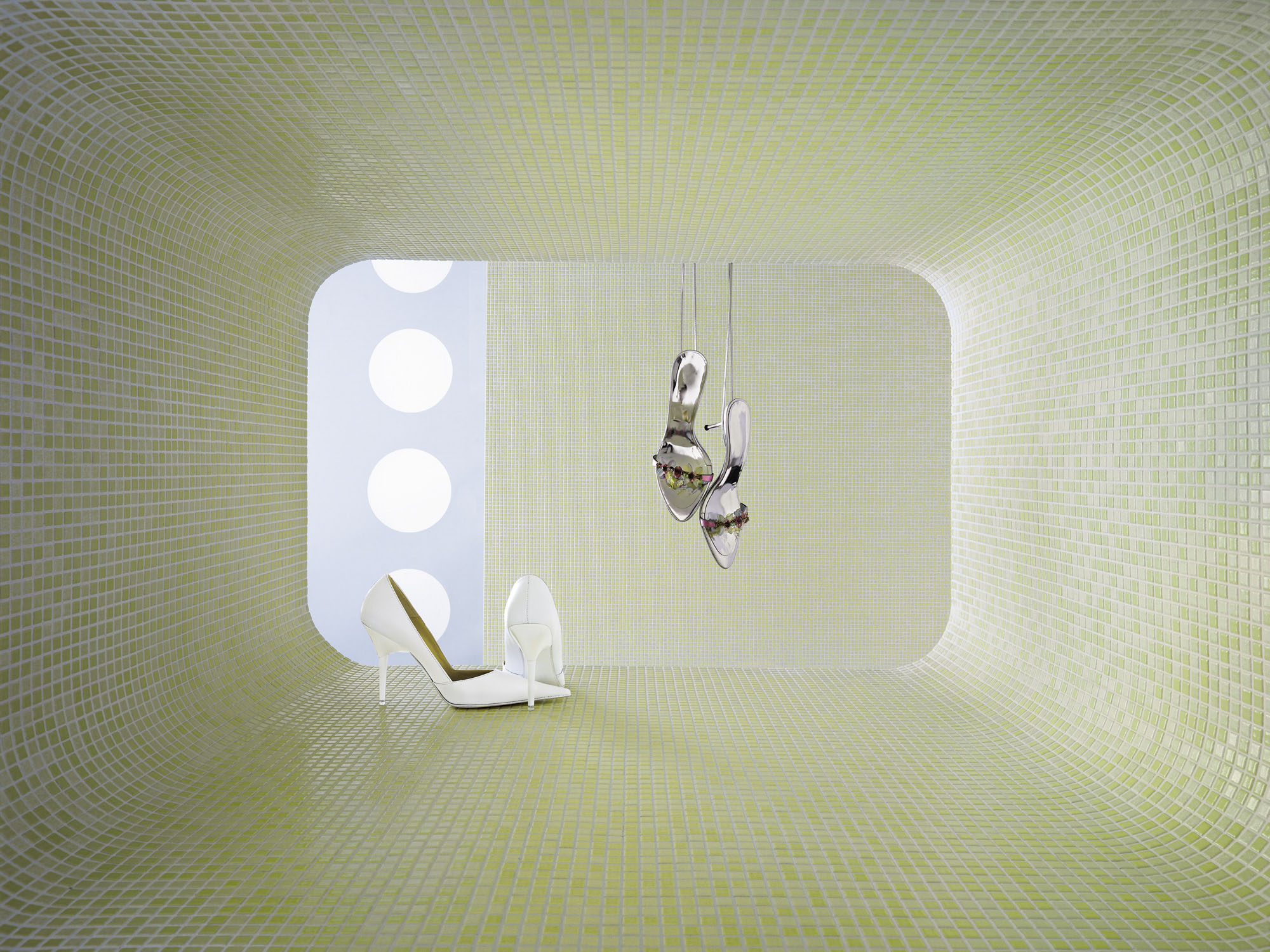 bright lime green 1x1 porcelain pool mosaic artistic photoshoot