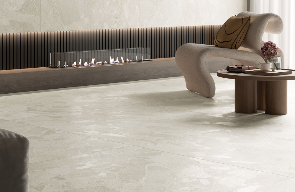 ceppo di gre stone tile in light by fireplace in a living room
