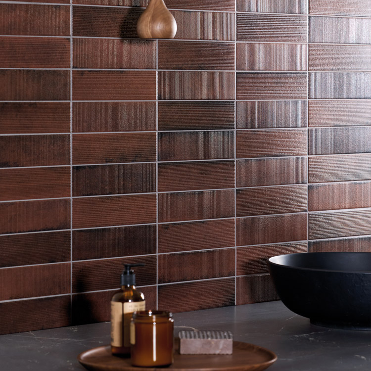 deco burgandy subway tile backsplash