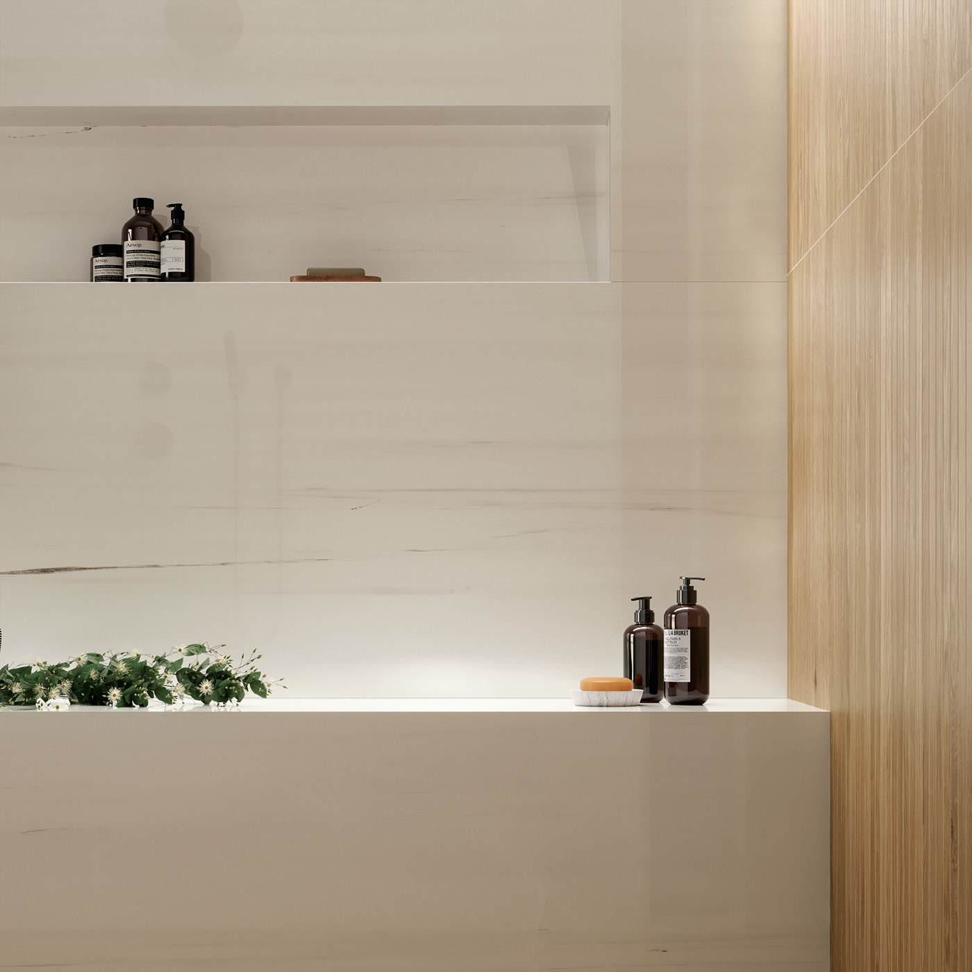 warm spa marble bathroom with wood panels