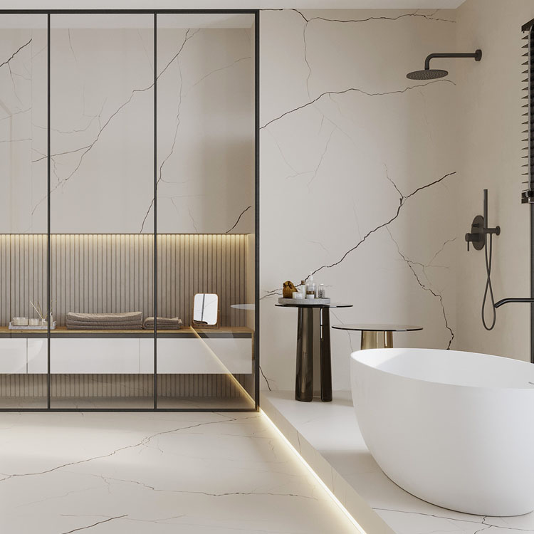 large format slabs in white marble with dramatic black veining for luxury bathroom 