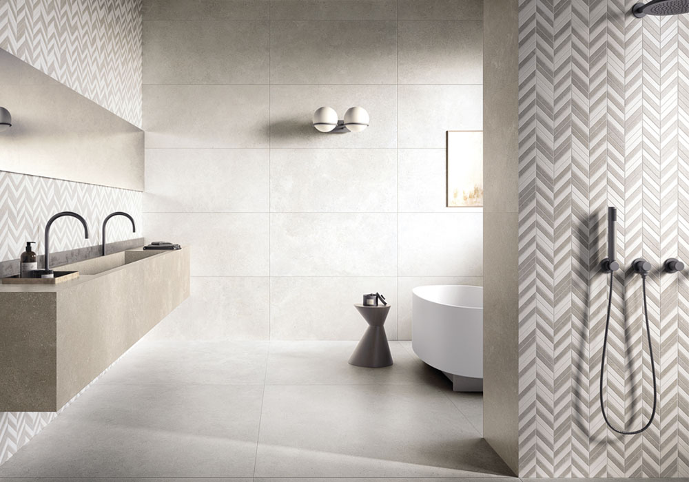 limestone in bathroom with chevron mosaic