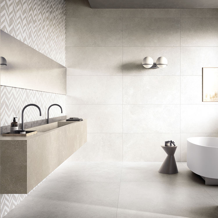 light limestone tile in bathroom