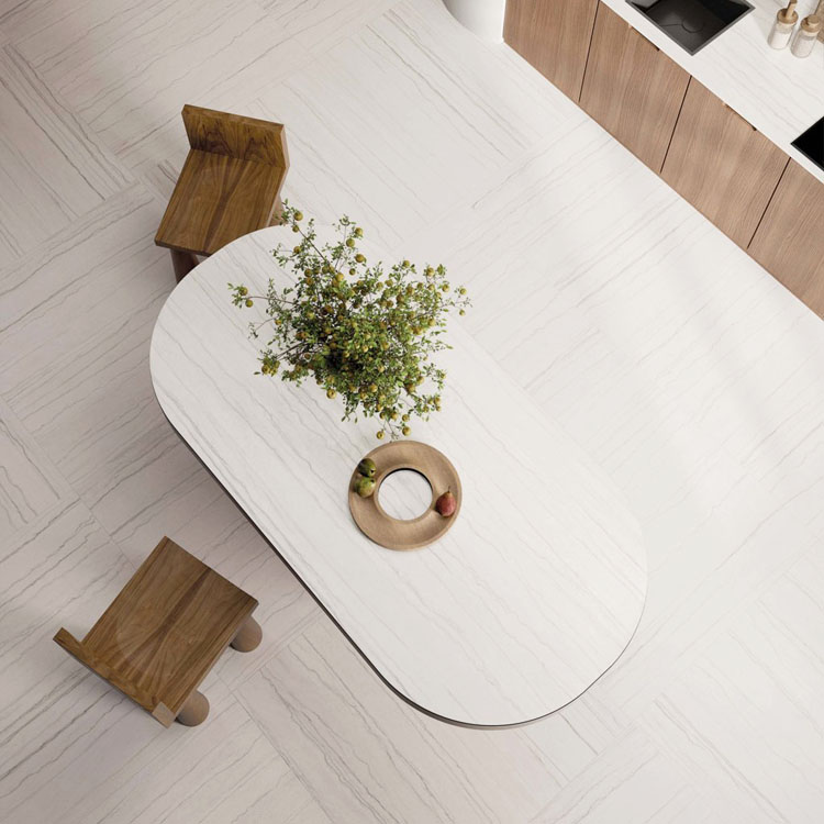 white macubus marble tile in kitchen table and countertops