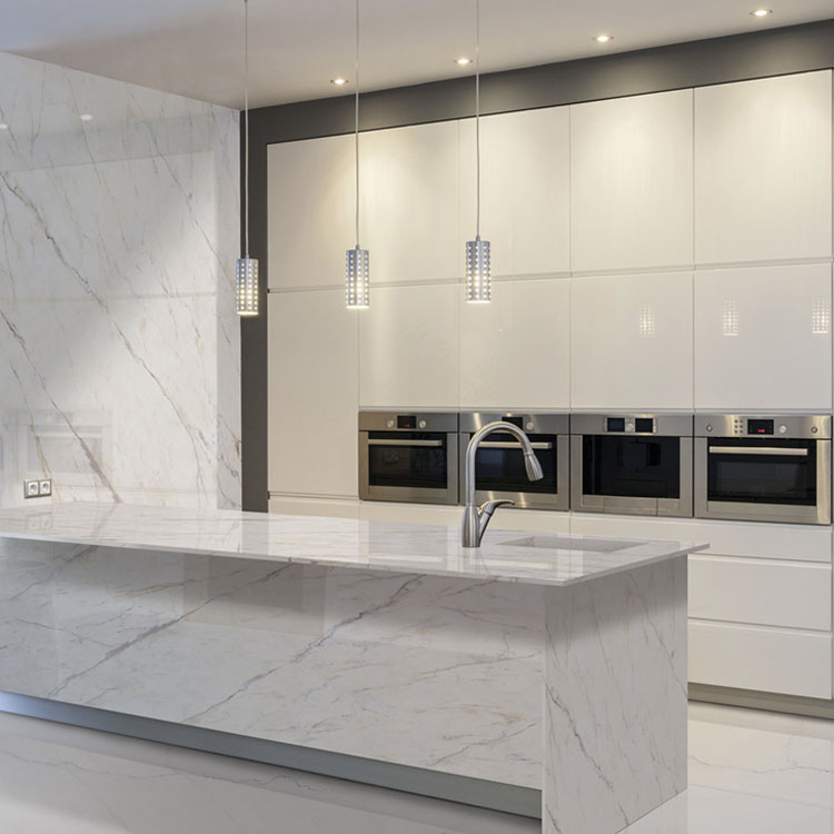 large format marble slabs for kitchen countertops and wall in modern style