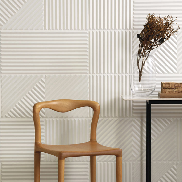 decorative dimensional white wall tile in square and diagonal triangle patterns