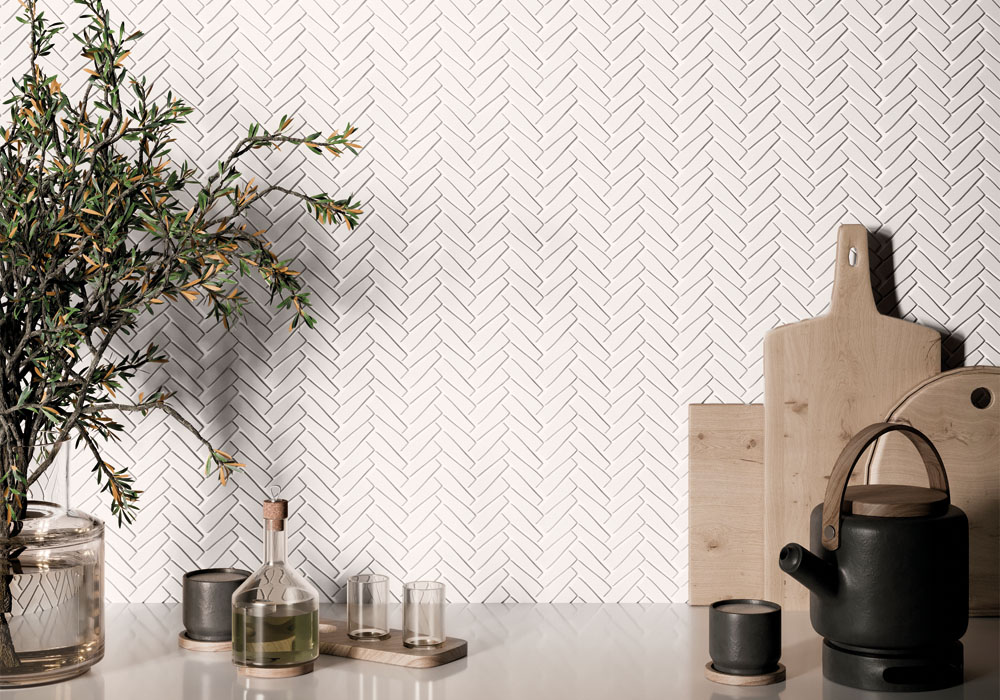 white glass mosaics in a kitchen backsplash