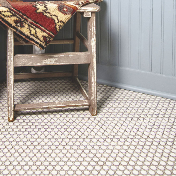 porcelain floor pennyround mosaics in light creamy white