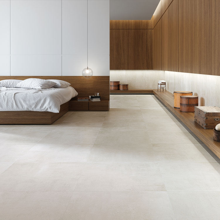 modern bedroom with white flooring and wooden accents