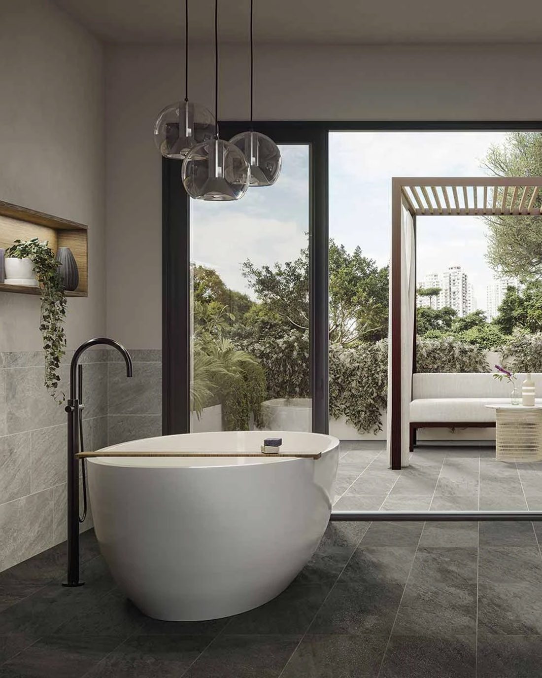 stone tile indoor outdoor living