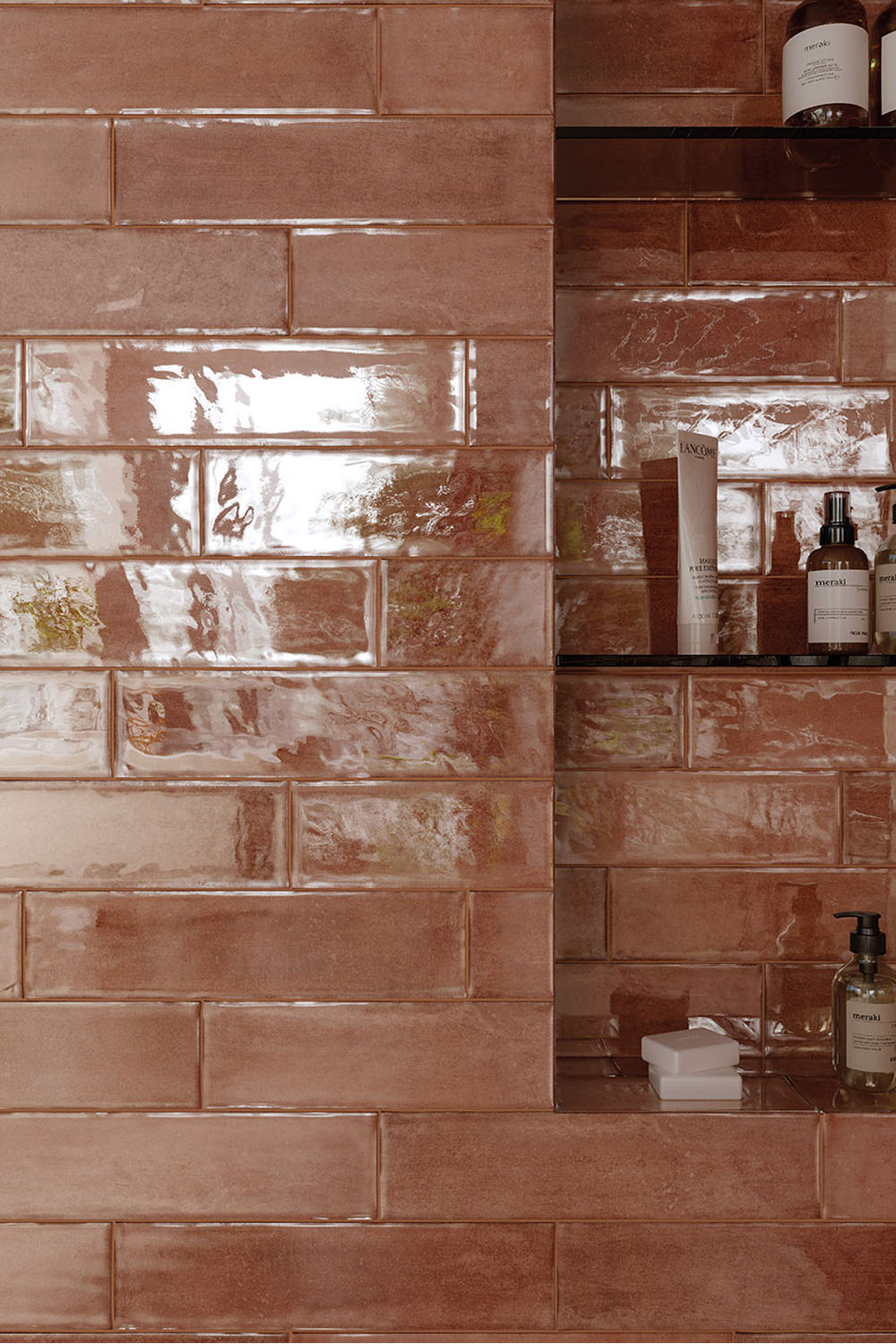 orange red subway tile in shower